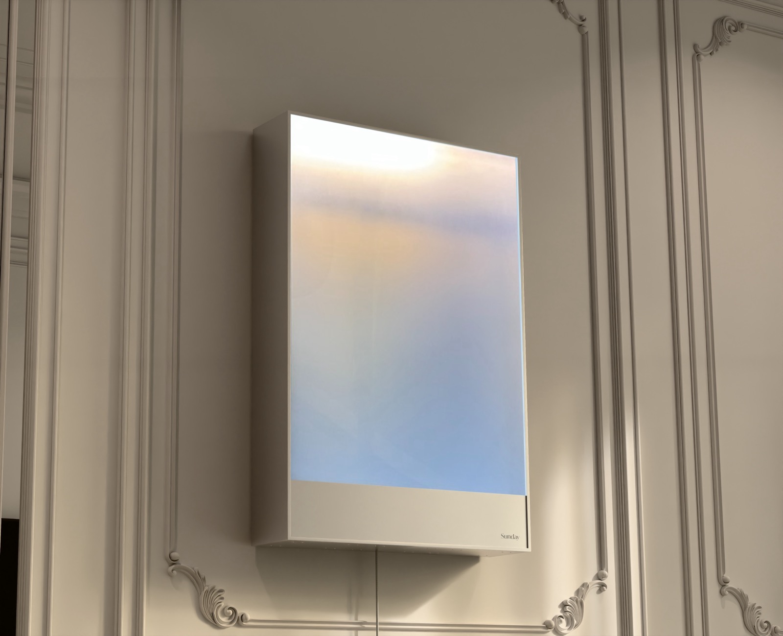 The Sunday Window glowing sky-blue on a panelled wall